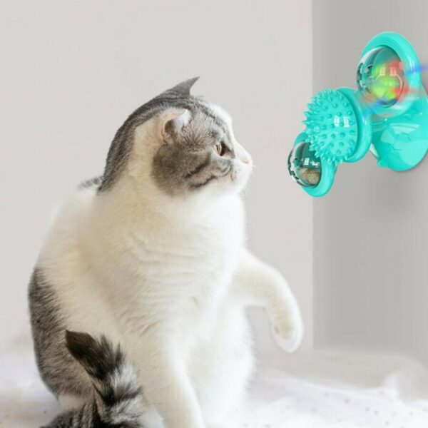 f596b1c4-efd6-4dca-932e-57075e9eeae7.jpg New Windmill Cat Toys Cute Rotating Interactive Cat Toy - Indoor Windmill Cat Toy With Suction Cup Catnip & Jagged Teeth Middle Ball, Smart Kitten Rotating Spinner Exercise Toy, Toothbrush & Massager